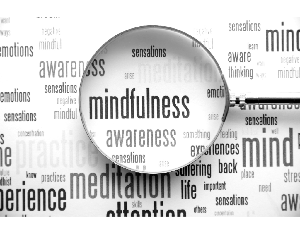 Black and white image of words related to mindfulness with a magnifying glass highlighting the word “mindfulness” in bold.