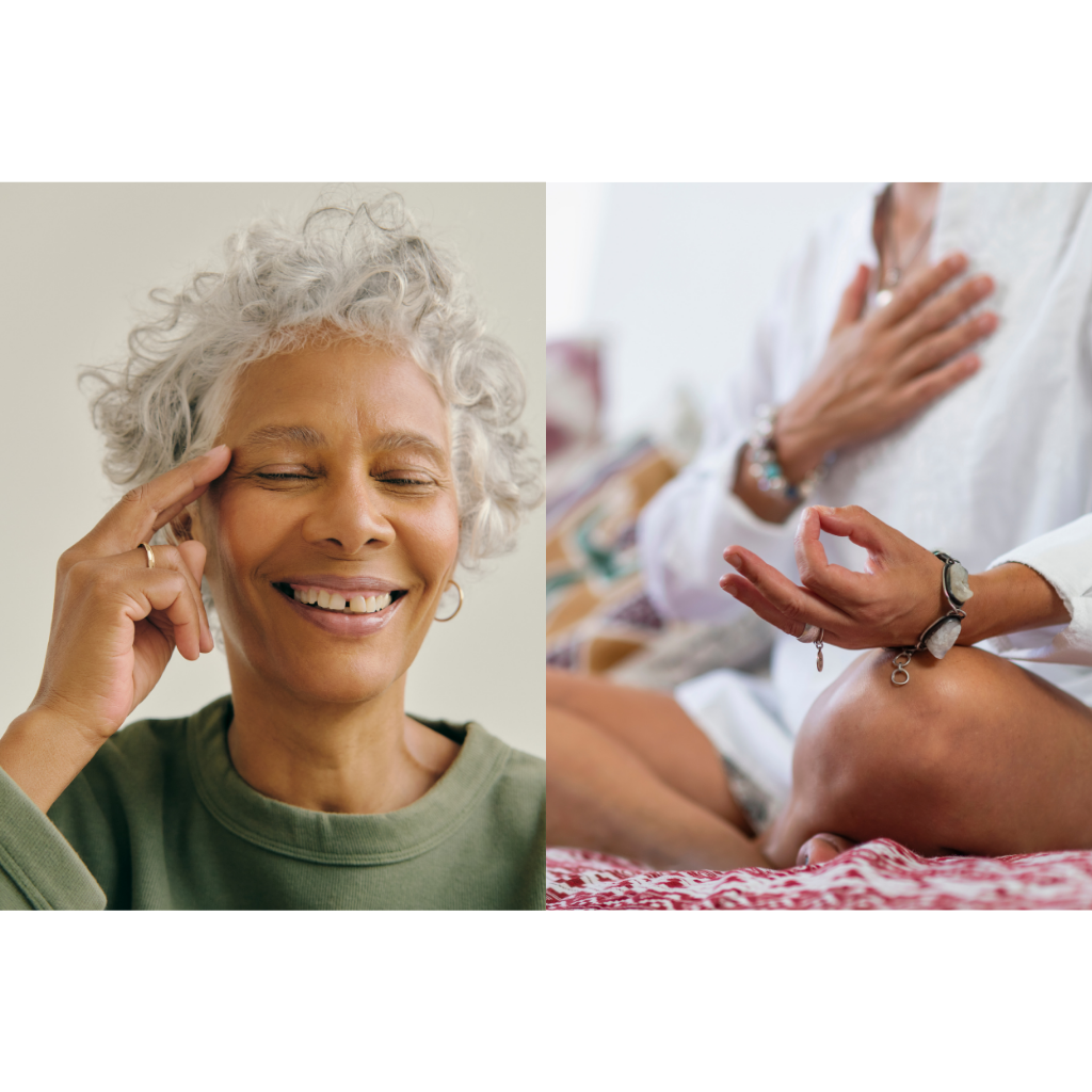 Split image showing a woman pointing to her head and smiling on the left side, and the body of a person meditating in a cross legged position with one hand on their chest on the right.